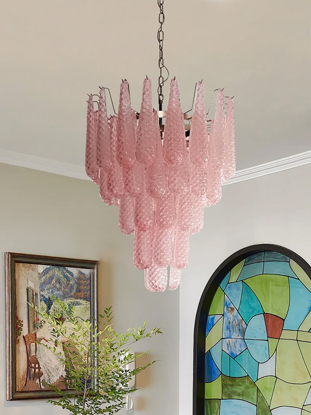 Veliena Kroonluchter Roze Murano-glasdruppels Diamantpatroon Waterval