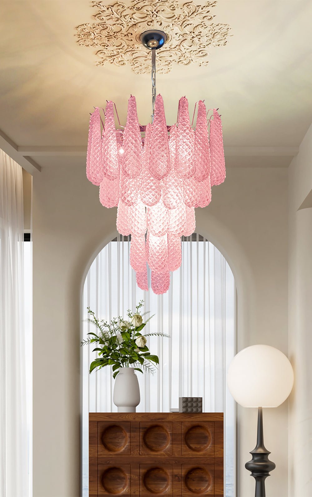 Veliena Kroonluchter Roze Murano-glasdruppels Diamantpatroon Waterval