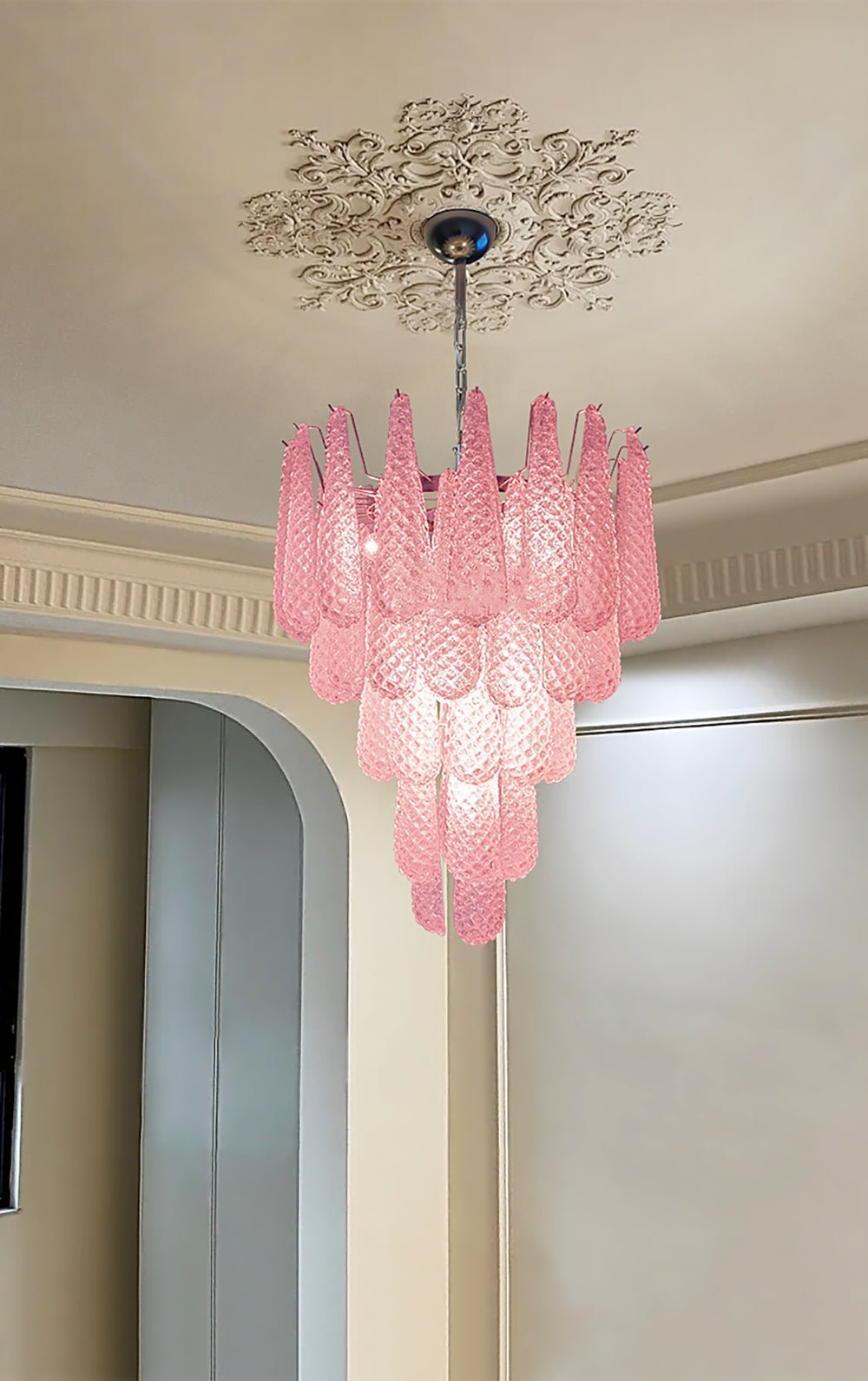 Veliena Kroonluchter Roze Murano-glasdruppels Diamantpatroon Waterval