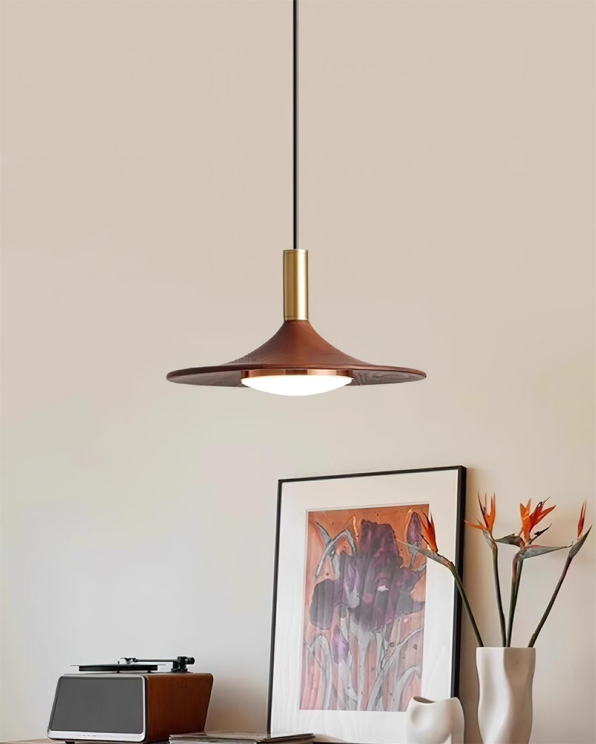Kaelin hanglamp hoedvorm hout midcentury