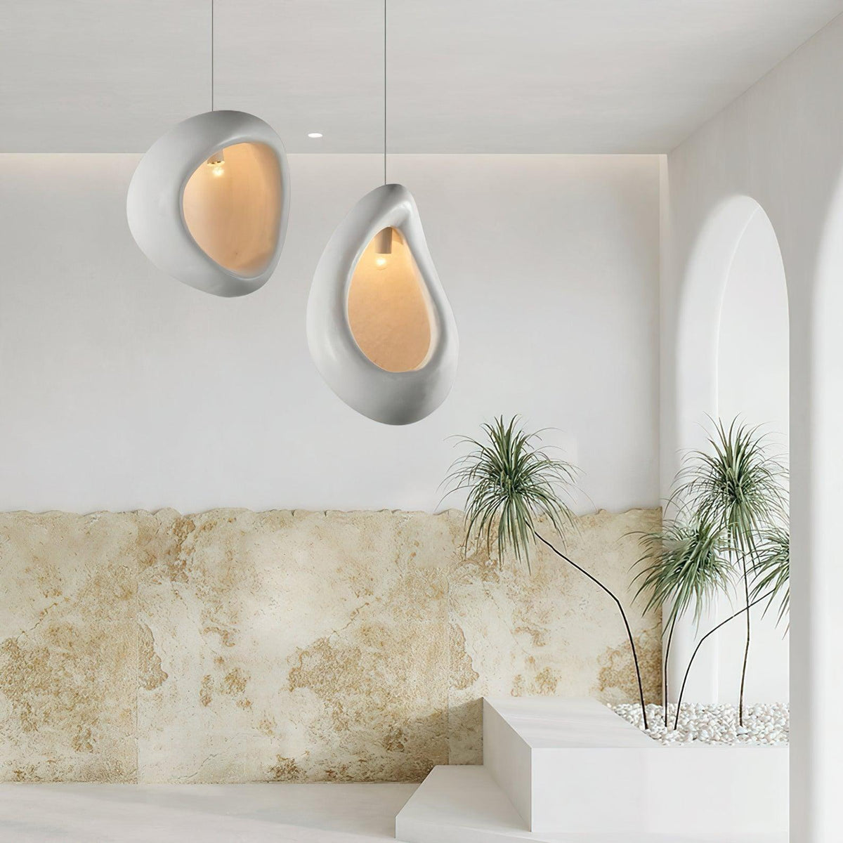 Seo hanglamp uit gips, organische druppelvorm, Wabi Sabi