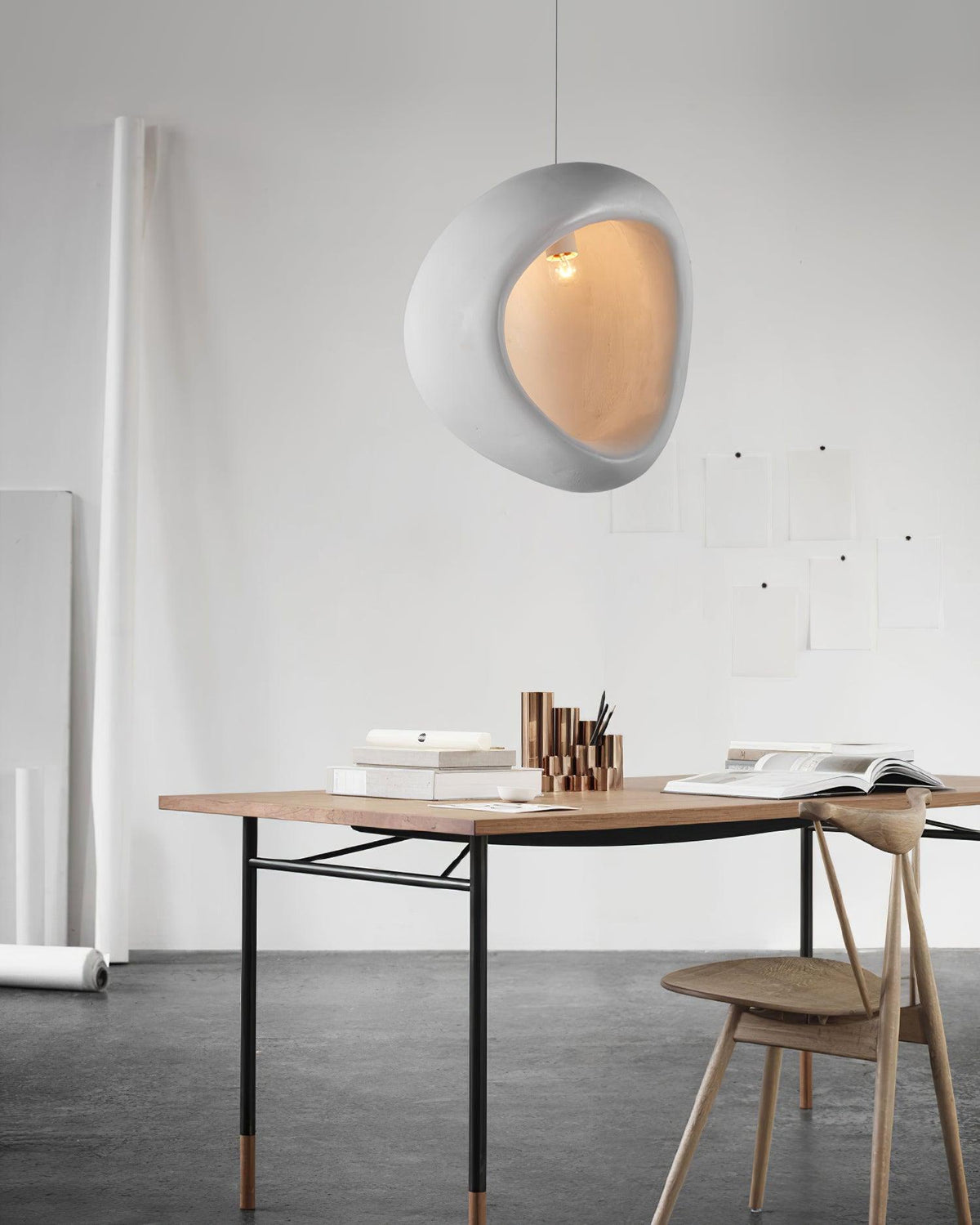 Seo hanglamp uit gips, organische druppelvorm, Wabi Sabi