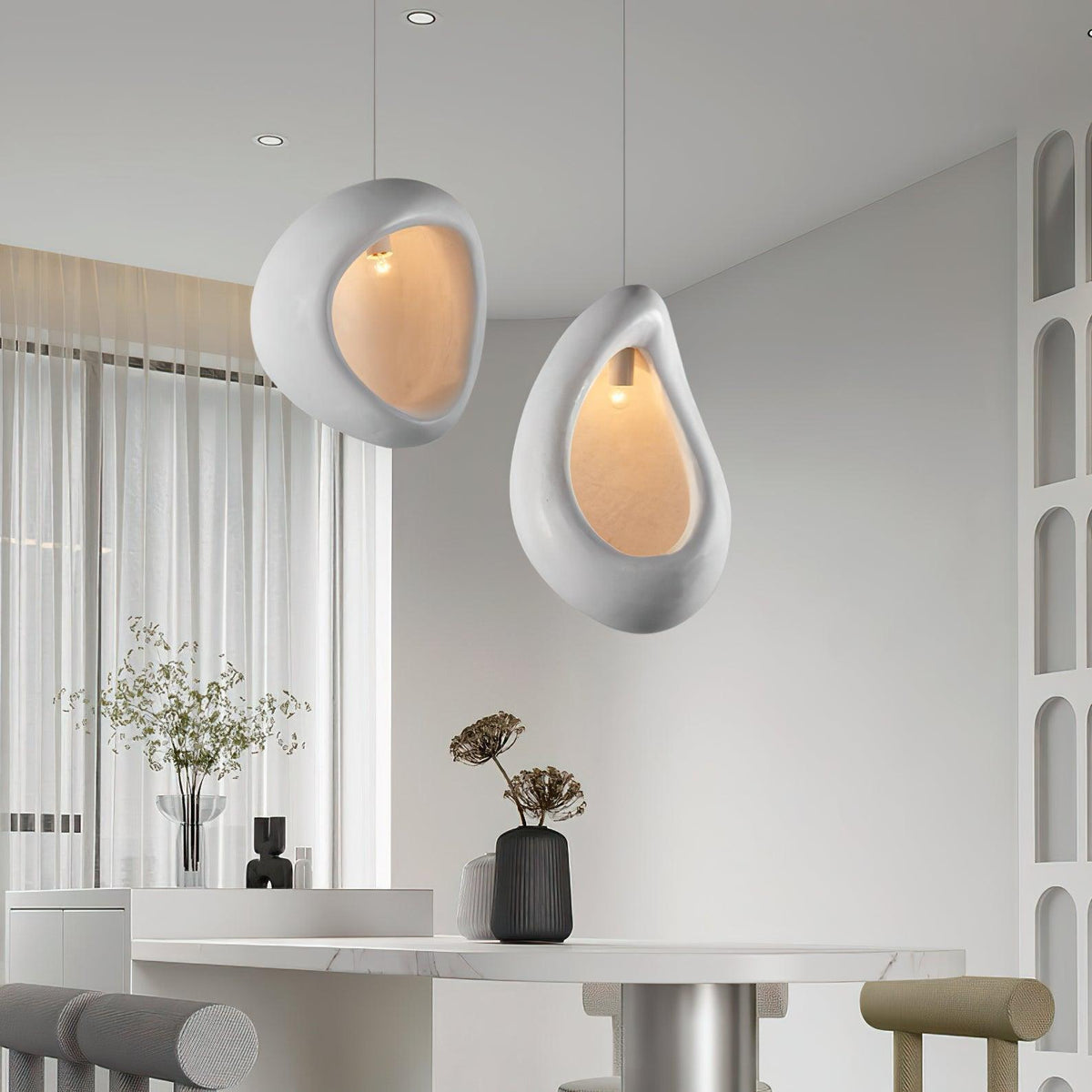 Seo hanglamp uit gips, organische druppelvorm, Wabi Sabi