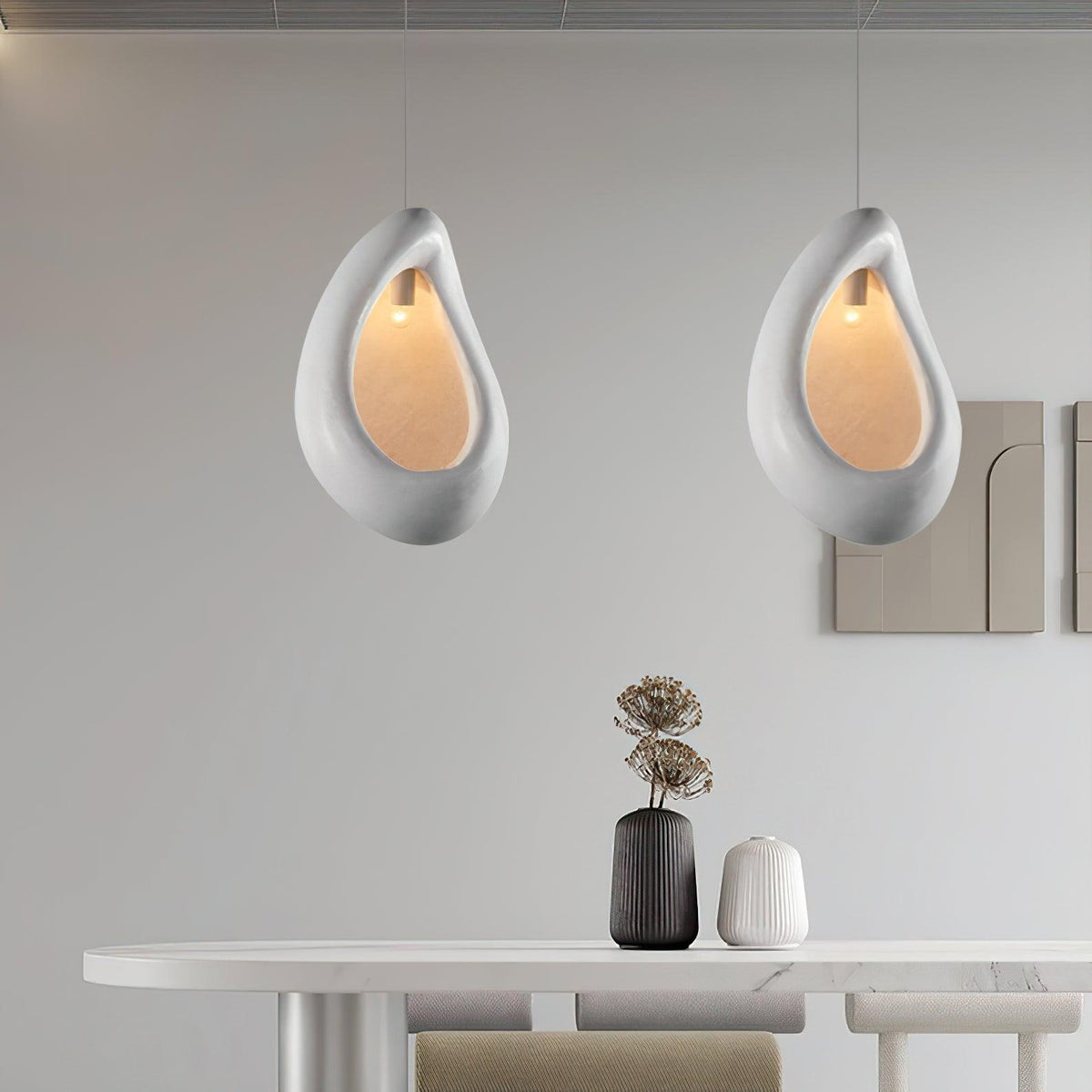 Seo hanglamp uit gips, organische druppelvorm, Wabi Sabi