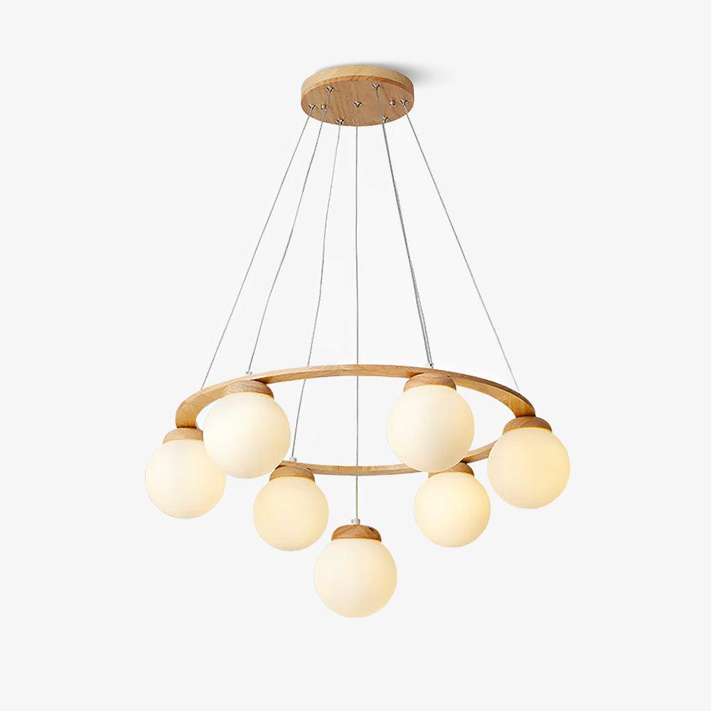 Aelion Kroonluchter van glas Houten Ring Opalglas bollen