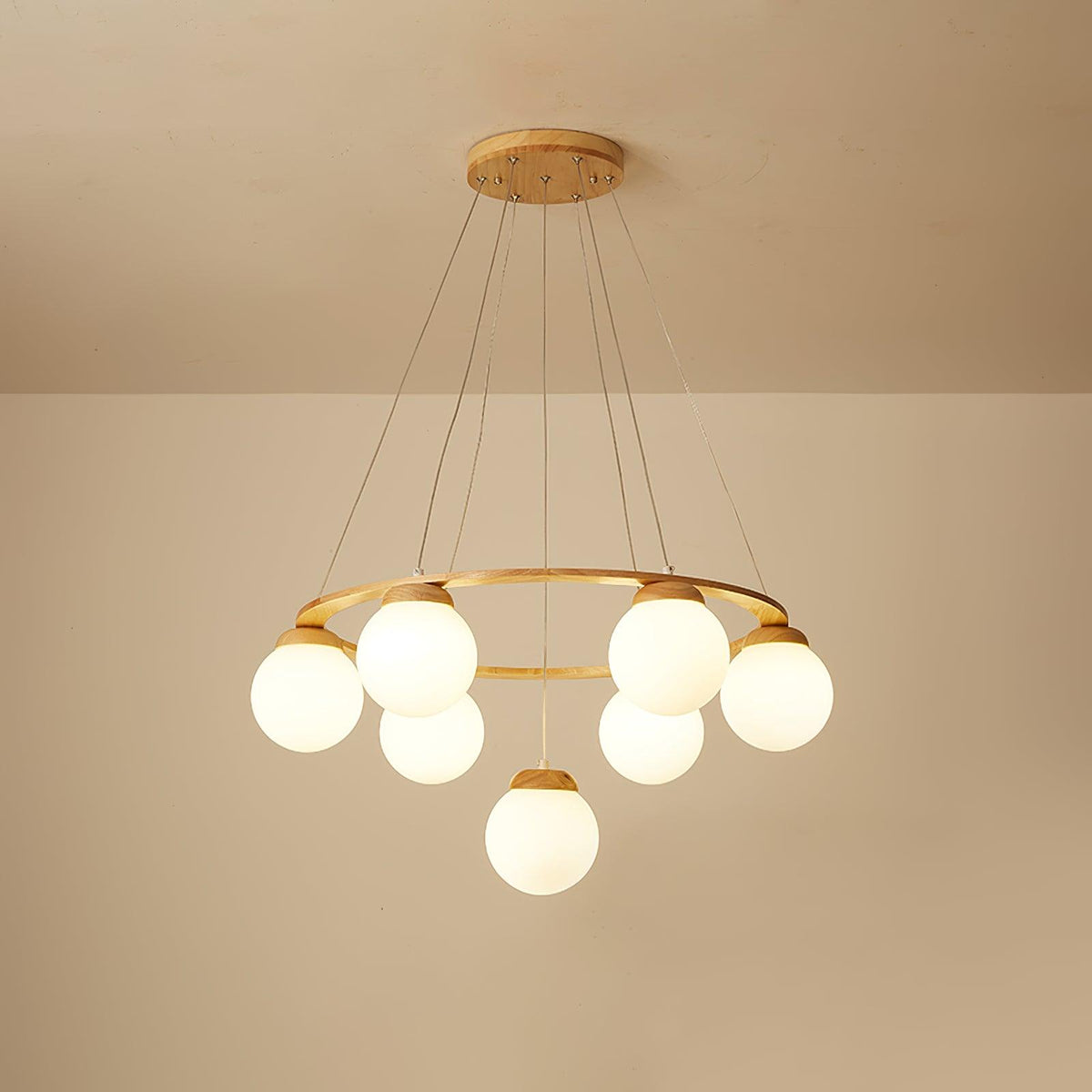 Aelion Kroonluchter van glas Houten Ring Opalglas bollen