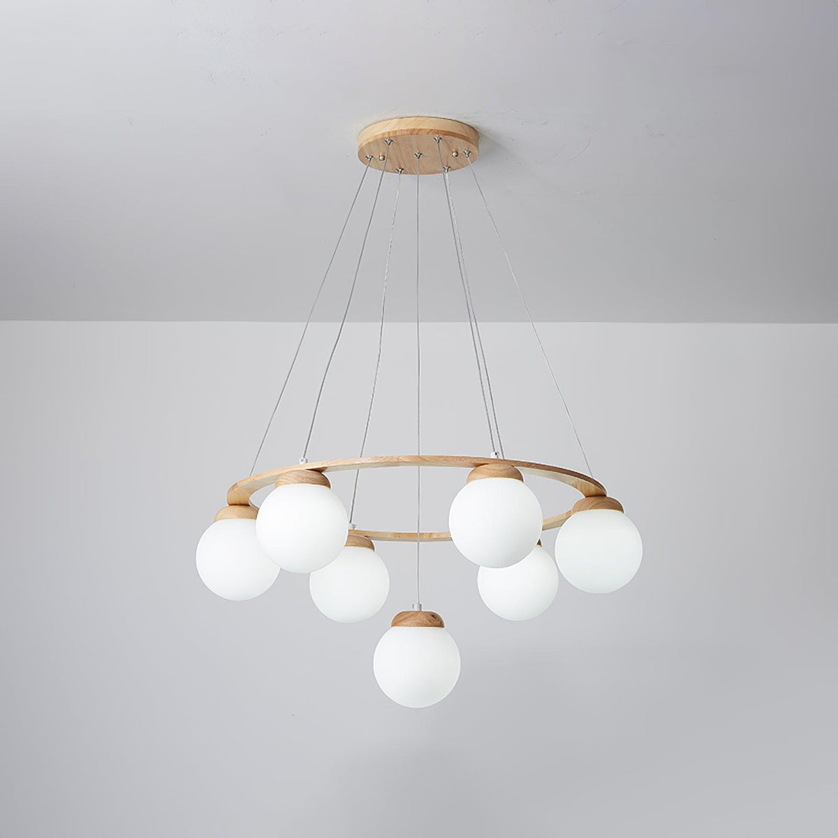 Aelion Kroonluchter van glas Houten Ring Opalglas bollen