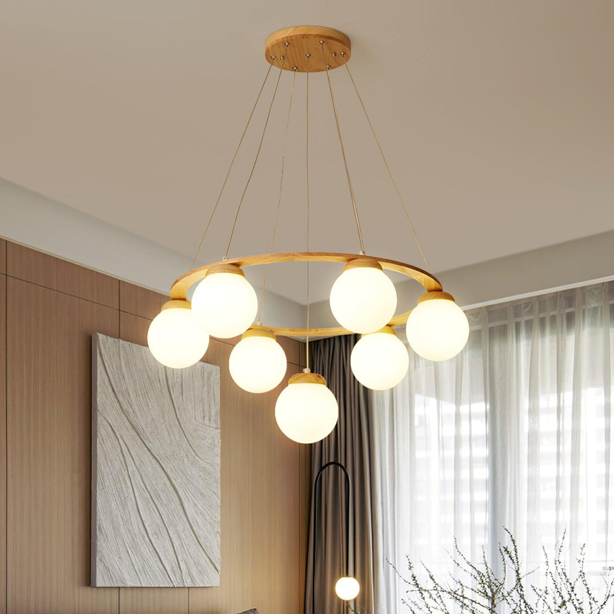 Aelion Kroonluchter van glas Houten Ring Opalglas bollen
