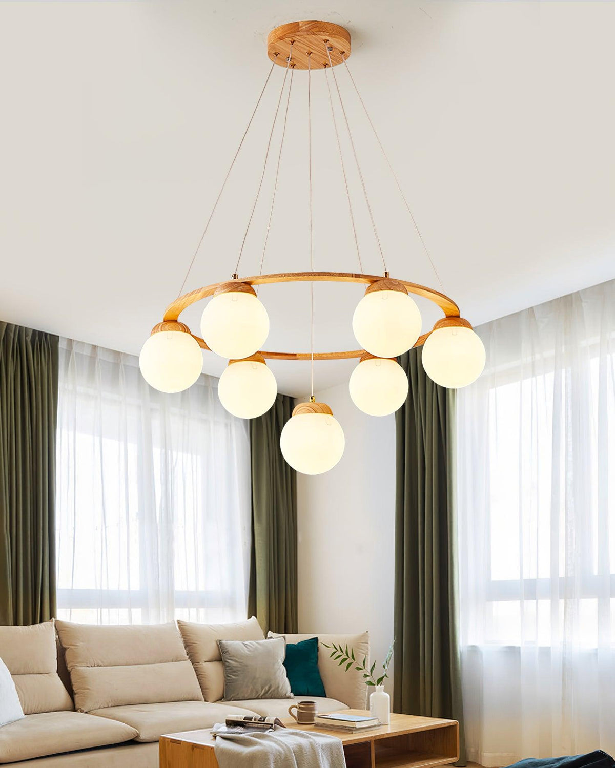 Aelion Kroonluchter van glas Houten Ring Opalglas bollen