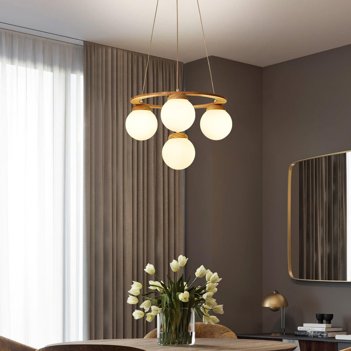 Aelion Kroonluchter van glas Houten Ring Opalglas bollen