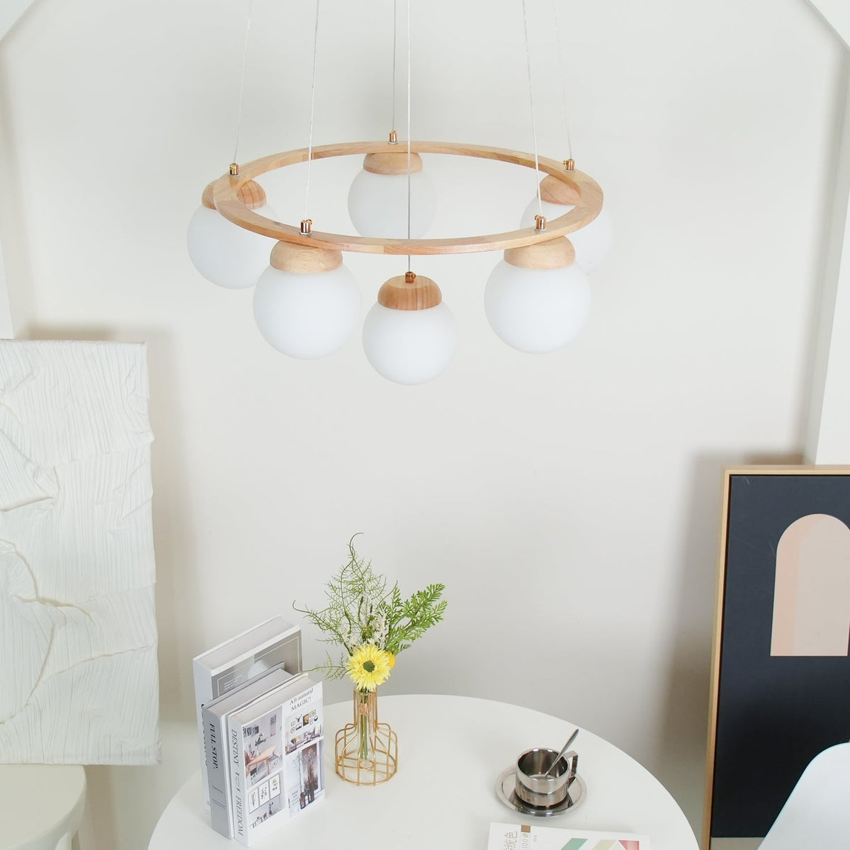 Aelion Kroonluchter van glas Houten Ring Opalglas bollen