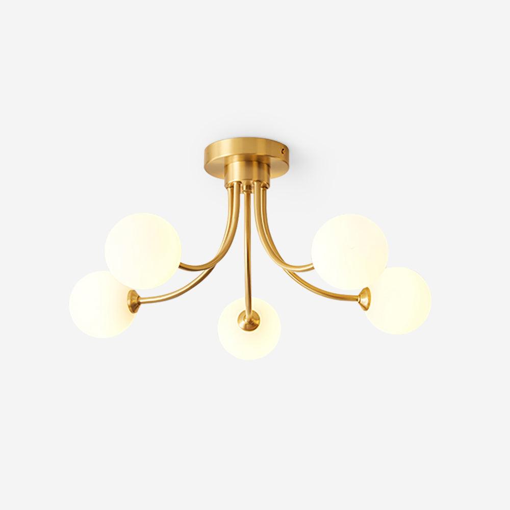 Moderne elegante plafondlamp met vertakte messing armen en opalen bolkappen