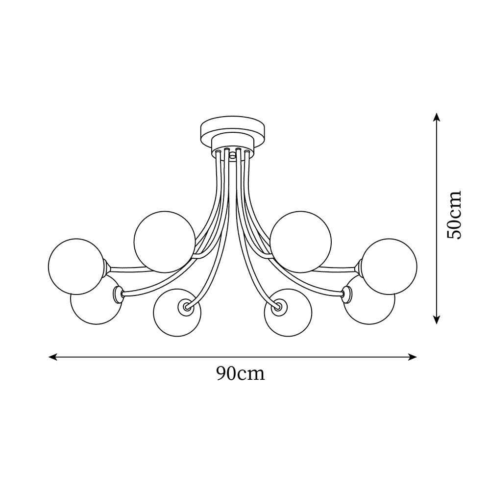 Moderne elegante plafondlamp met vertakte messing armen en opalen bolkappen