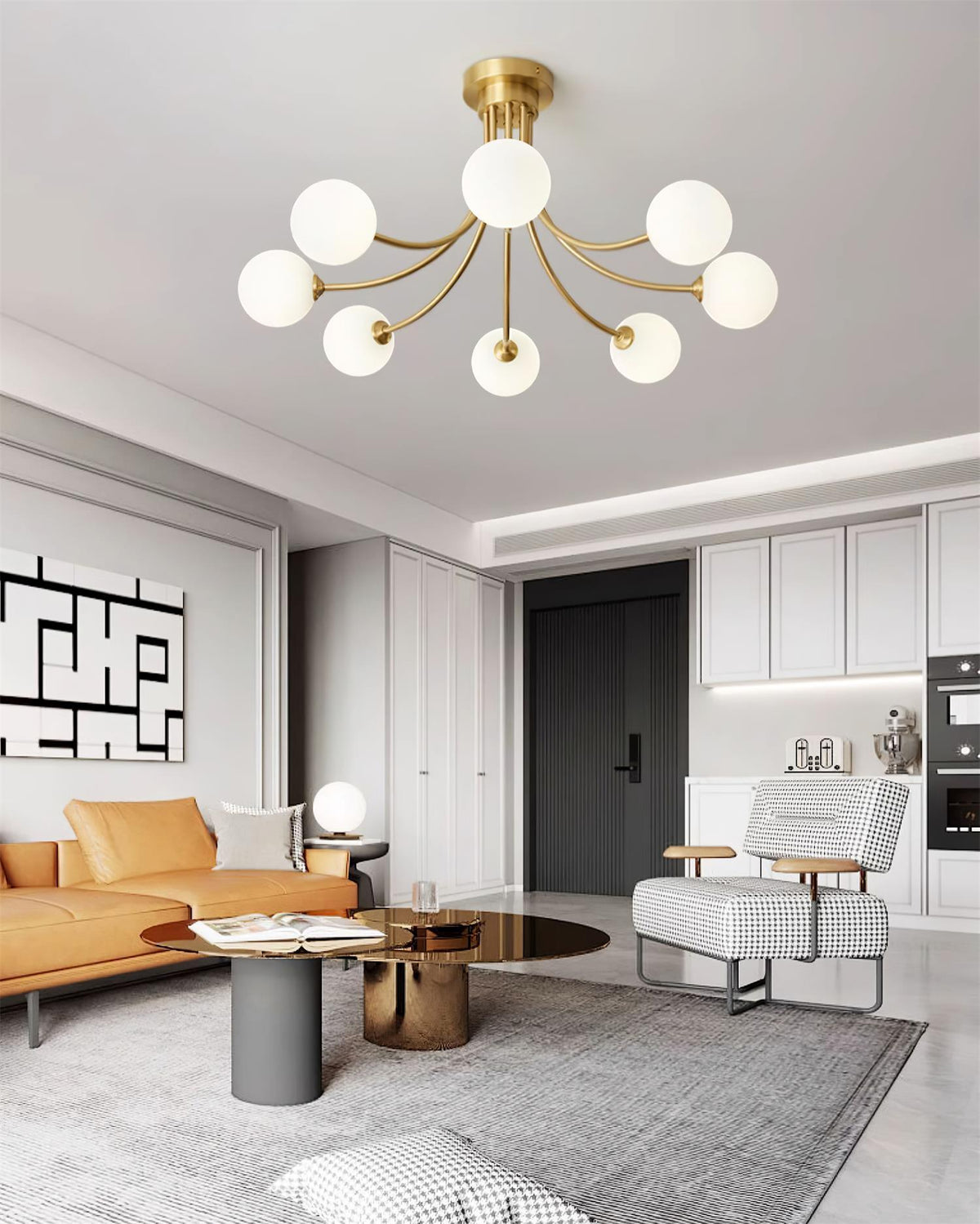 Moderne elegante plafondlamp met vertakte messing armen en opalen bolkappen