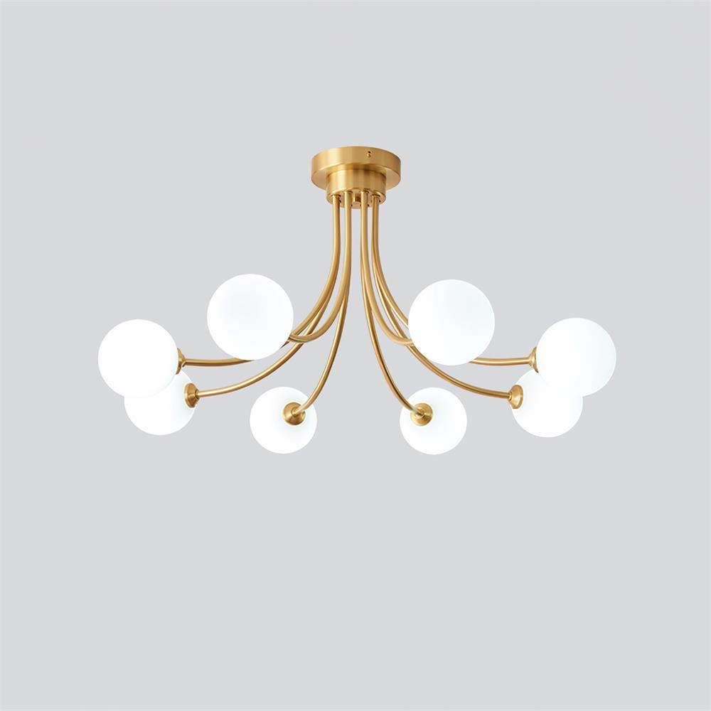 Moderne elegante plafondlamp met vertakte messing armen en opalen bolkappen