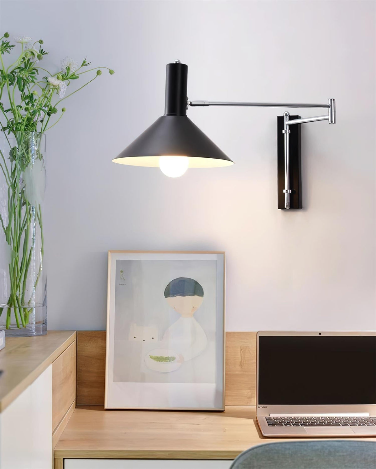 Peak wandlamp met verstelbare arm, rode lampenkap en leesverlichting