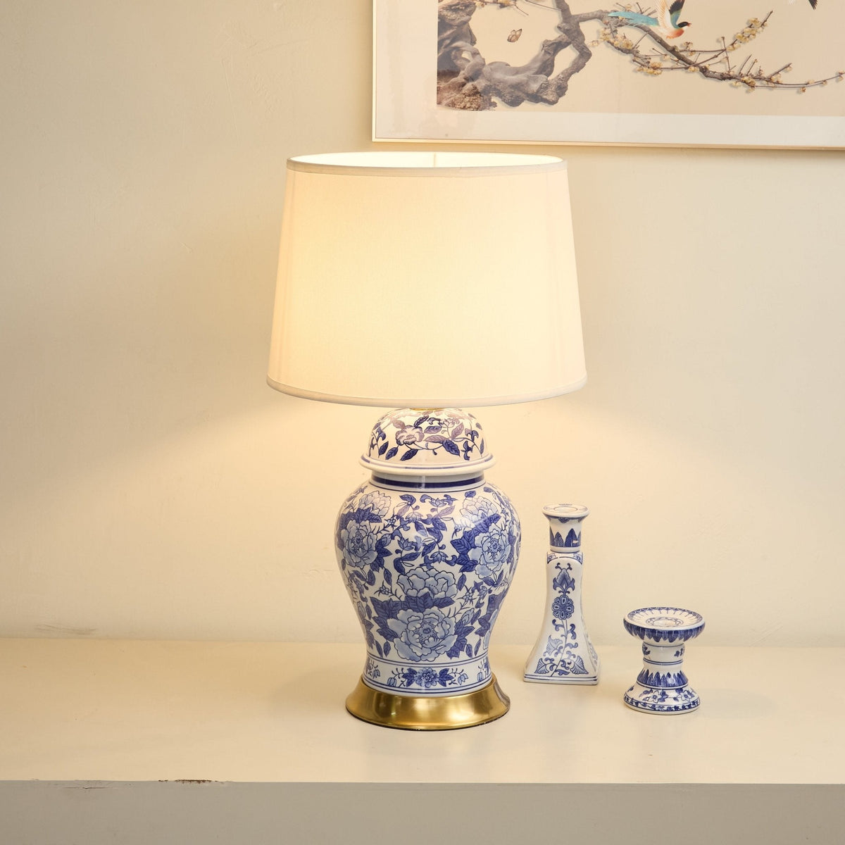 Peony tafellamp met Blauwe Peonie-vaas