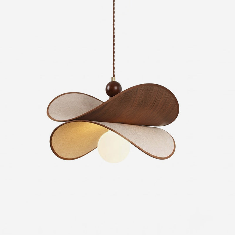 Zephyr hanglamp walnoot linnen met gedraaid bloemblaad houten frame