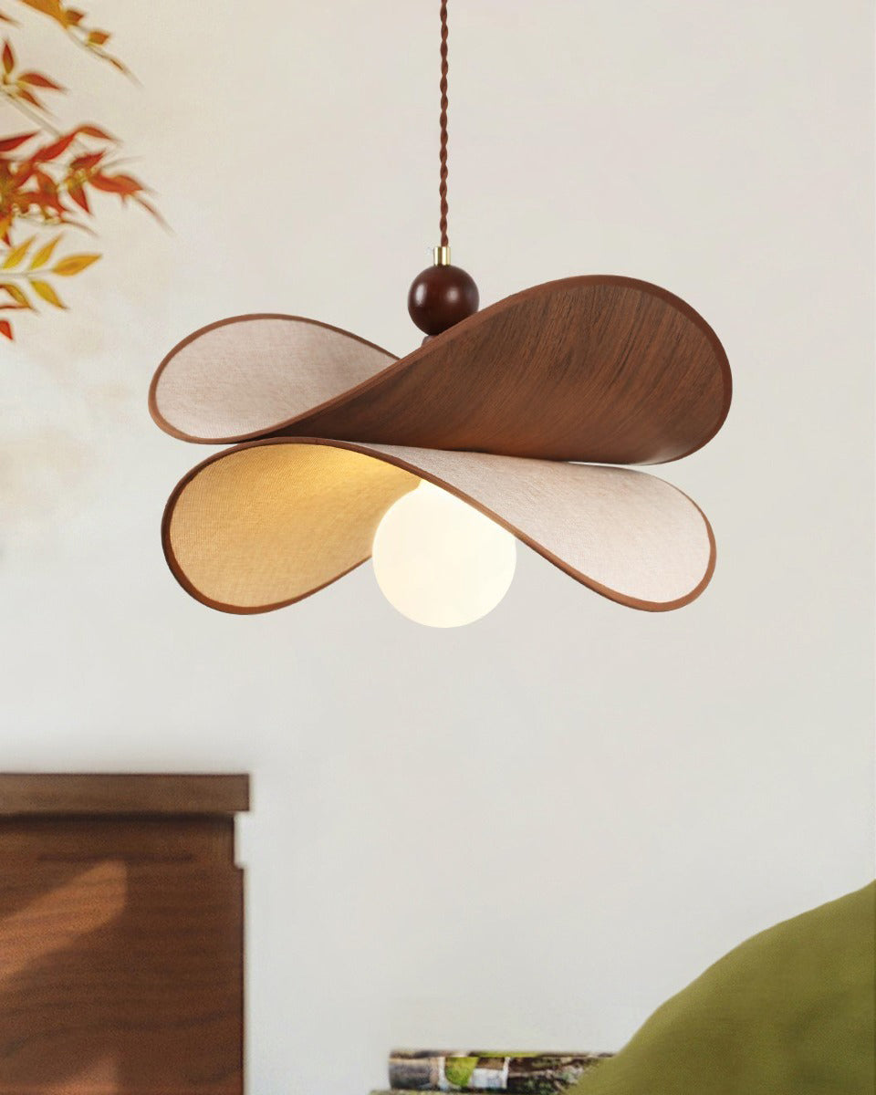 Zephyr hanglamp walnoot linnen met gedraaid bloemblaad houten frame