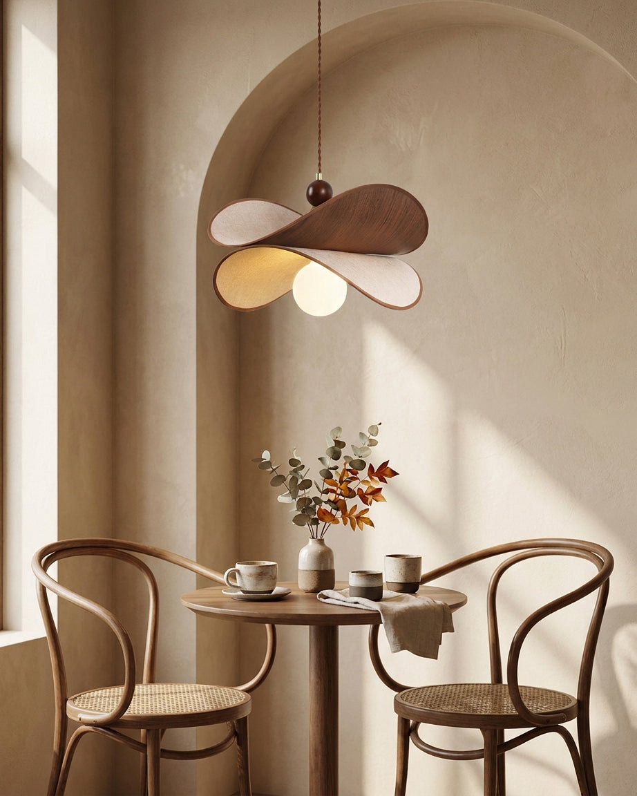 Zephyr hanglamp walnoot linnen met gedraaid bloemblaad houten frame