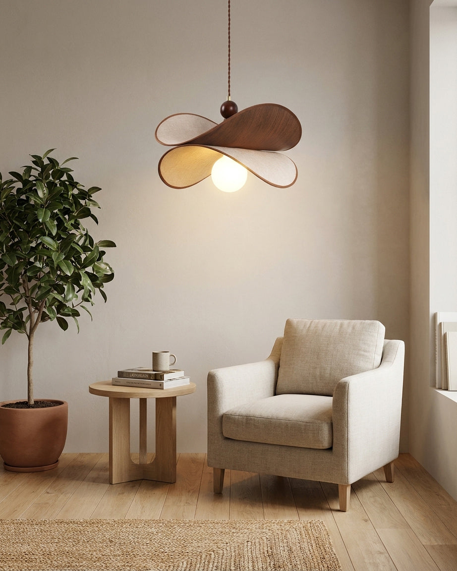 Zephyr hanglamp walnoot linnen met gedraaid bloemblaad houten frame