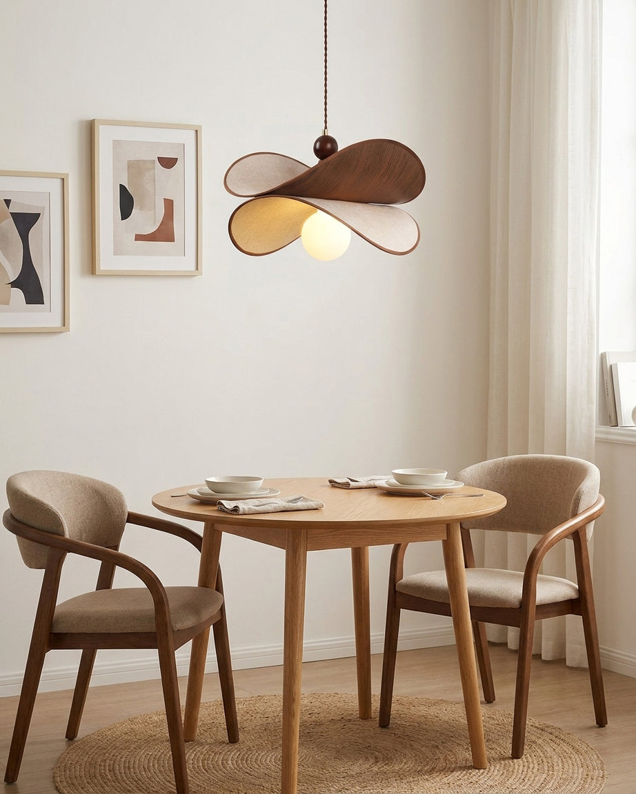 Zephyr hanglamp walnoot linnen met gedraaid bloemblaad houten frame