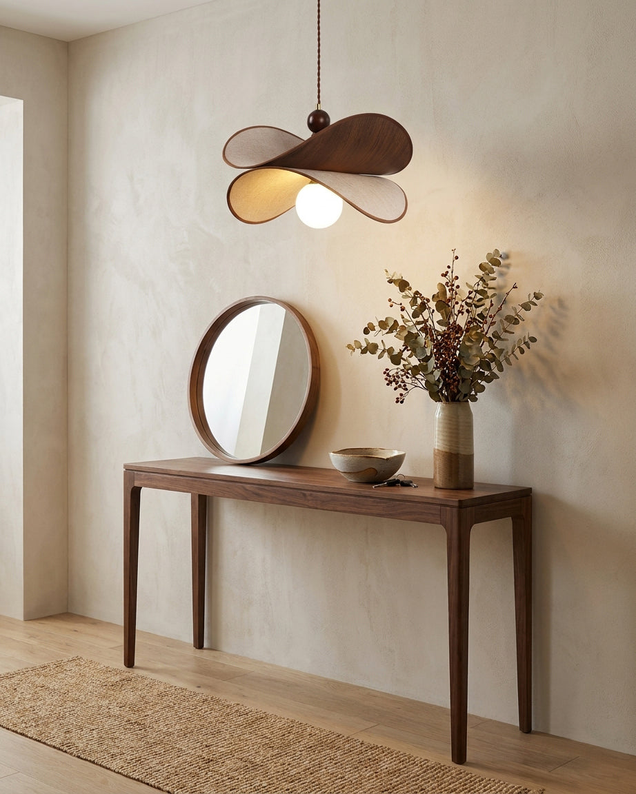 Zephyr hanglamp walnoot linnen met gedraaid bloemblaad houten frame