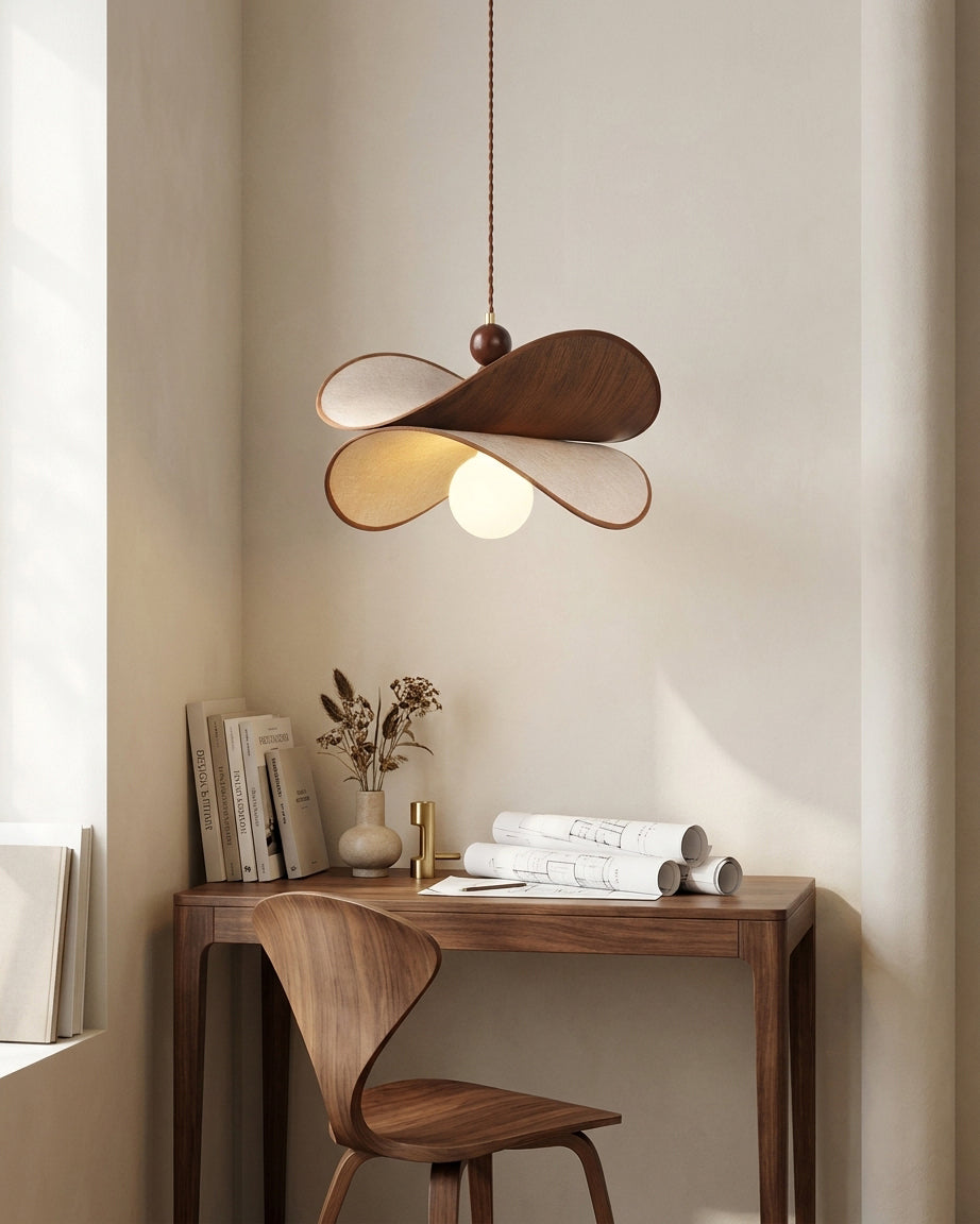Zephyr hanglamp walnoot linnen met gedraaid bloemblaad houten frame