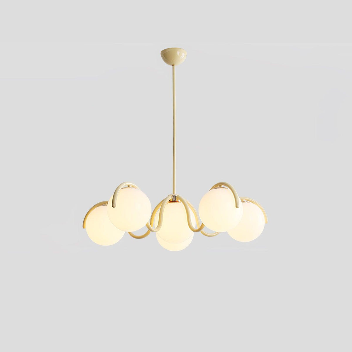 Eireine Kroonluchter met witte glazen bollen en gebogen frame