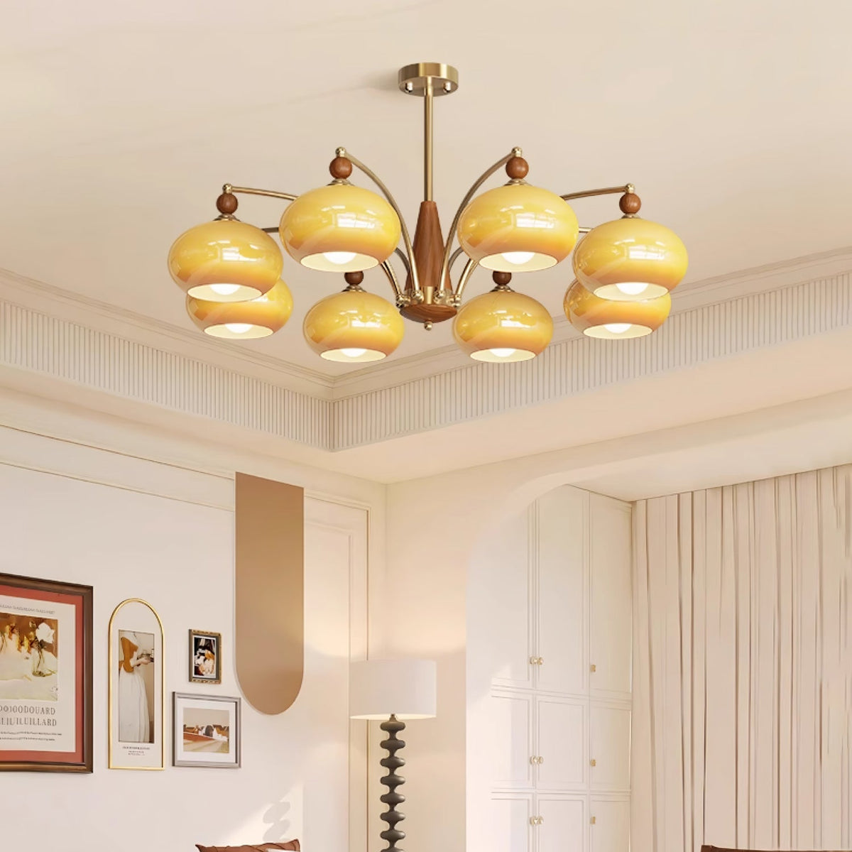 Vevely Retro hanglamp van messing met gele glasbol