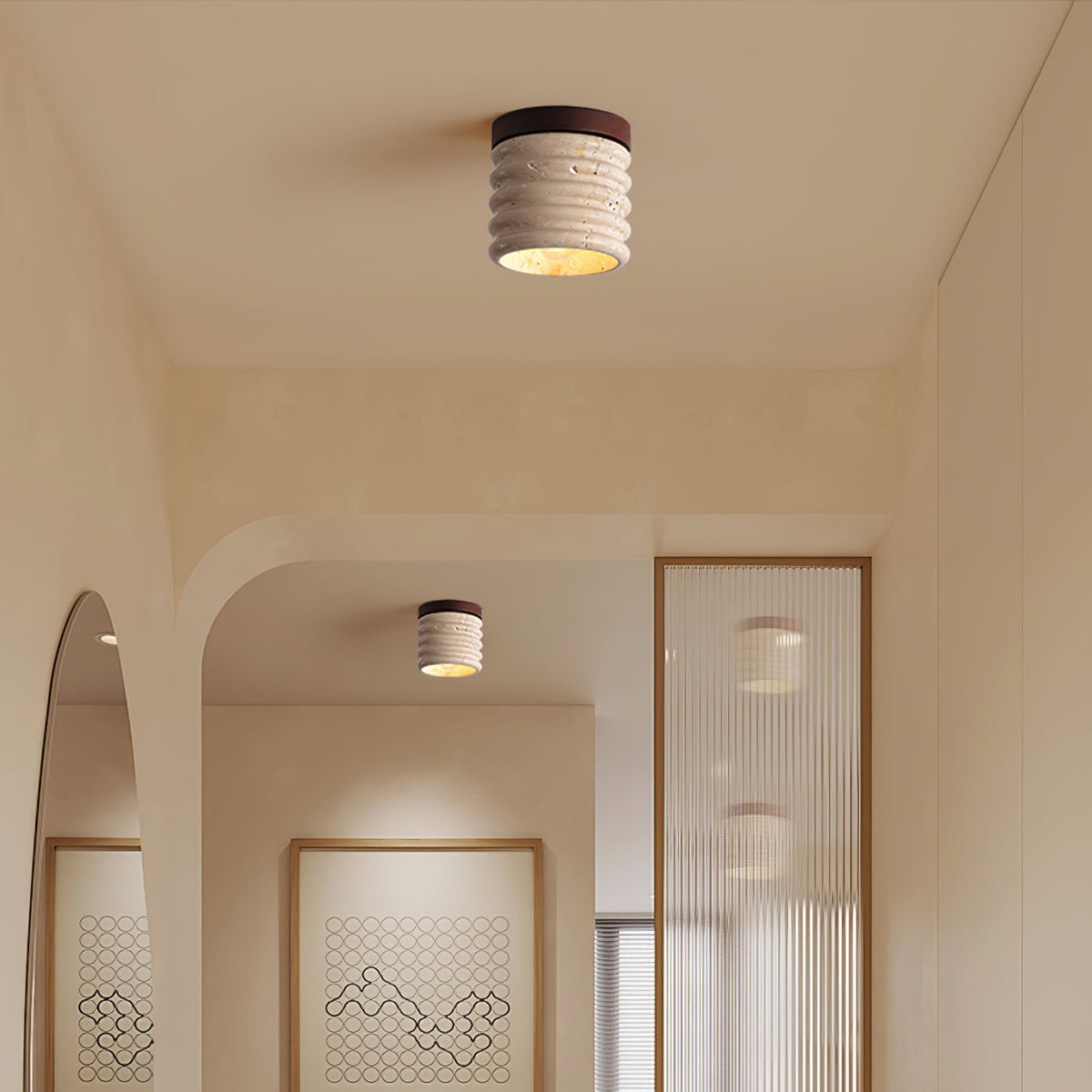 Vomaran cilindervormige plafondlamp van geel travertin en walnoothout