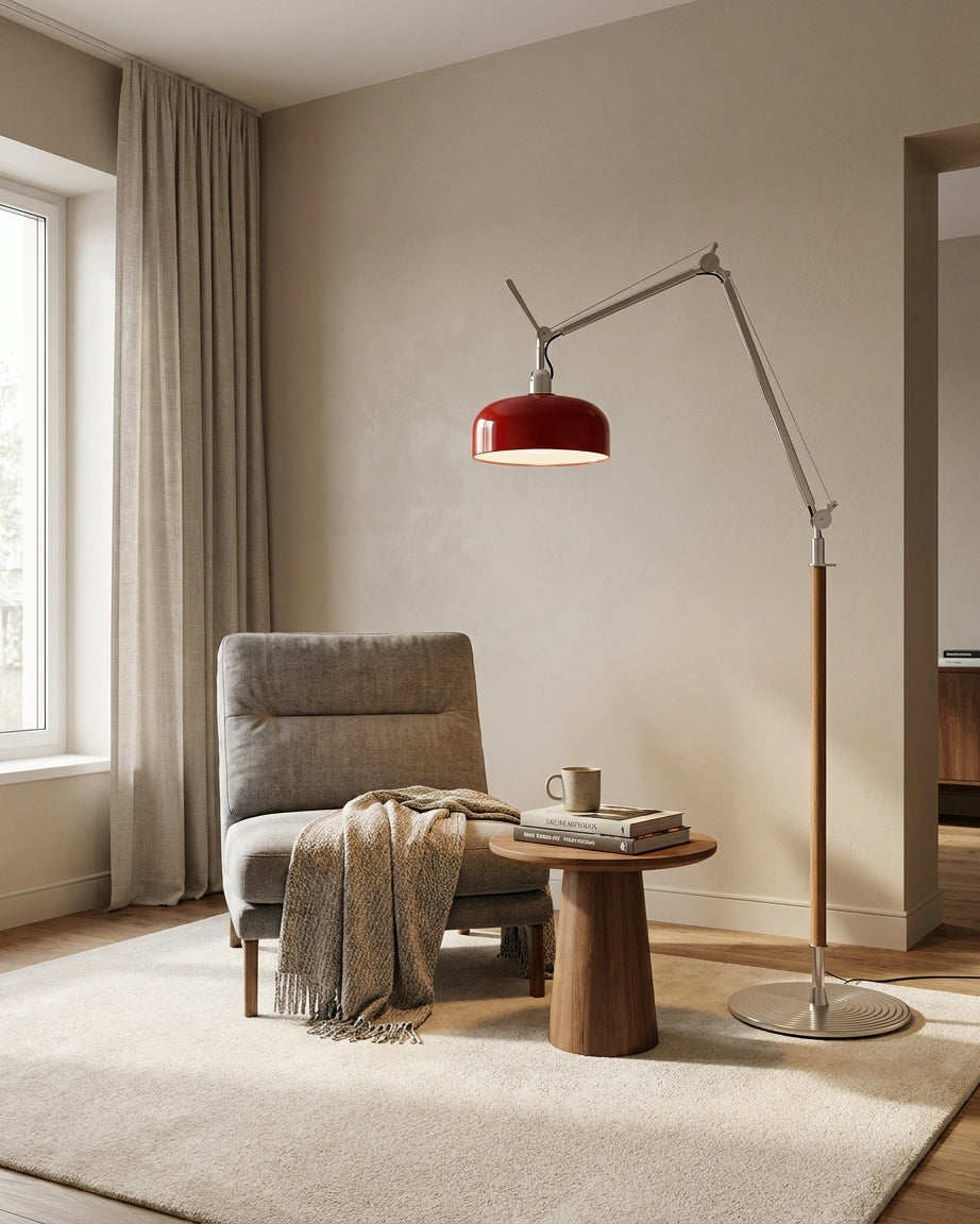 Rudy vloerlamp karmozijnrood esdoornhout met beweegbare arm