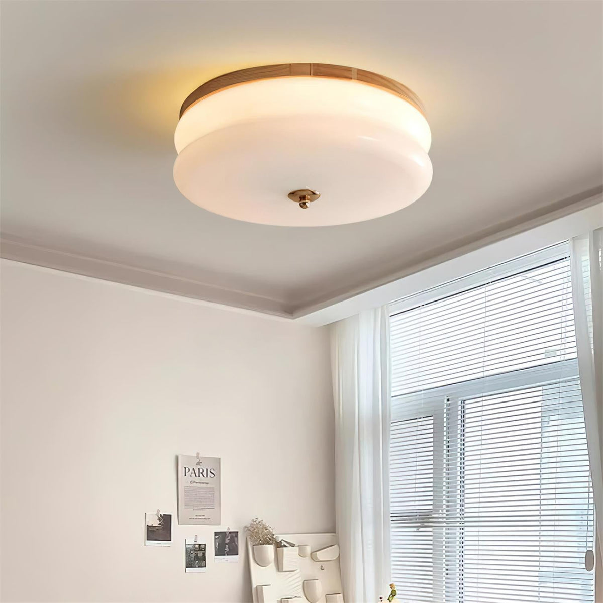 Cora plafondlamp dubbele laag glas schijf walnoot minimalistisch