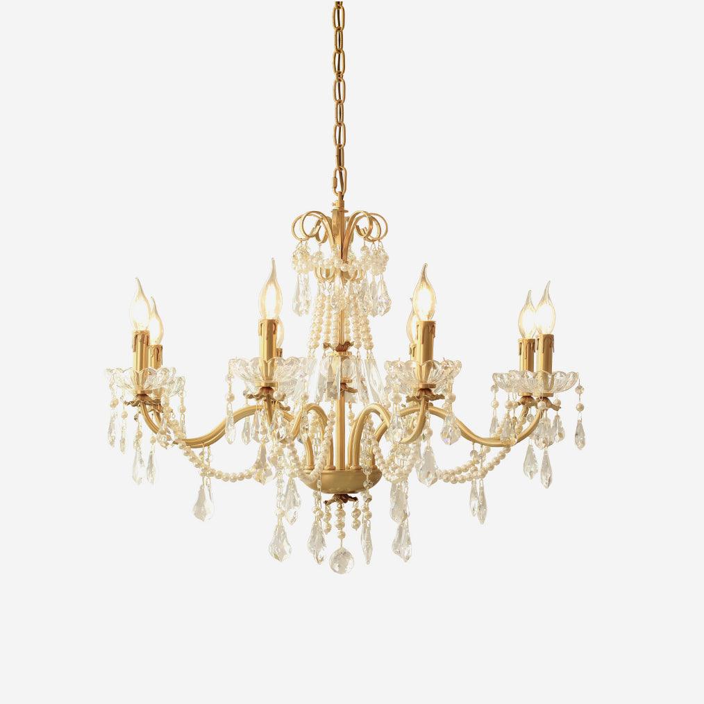 Vintage kroonluchter met messing lichaam en kristallen pareldruppels