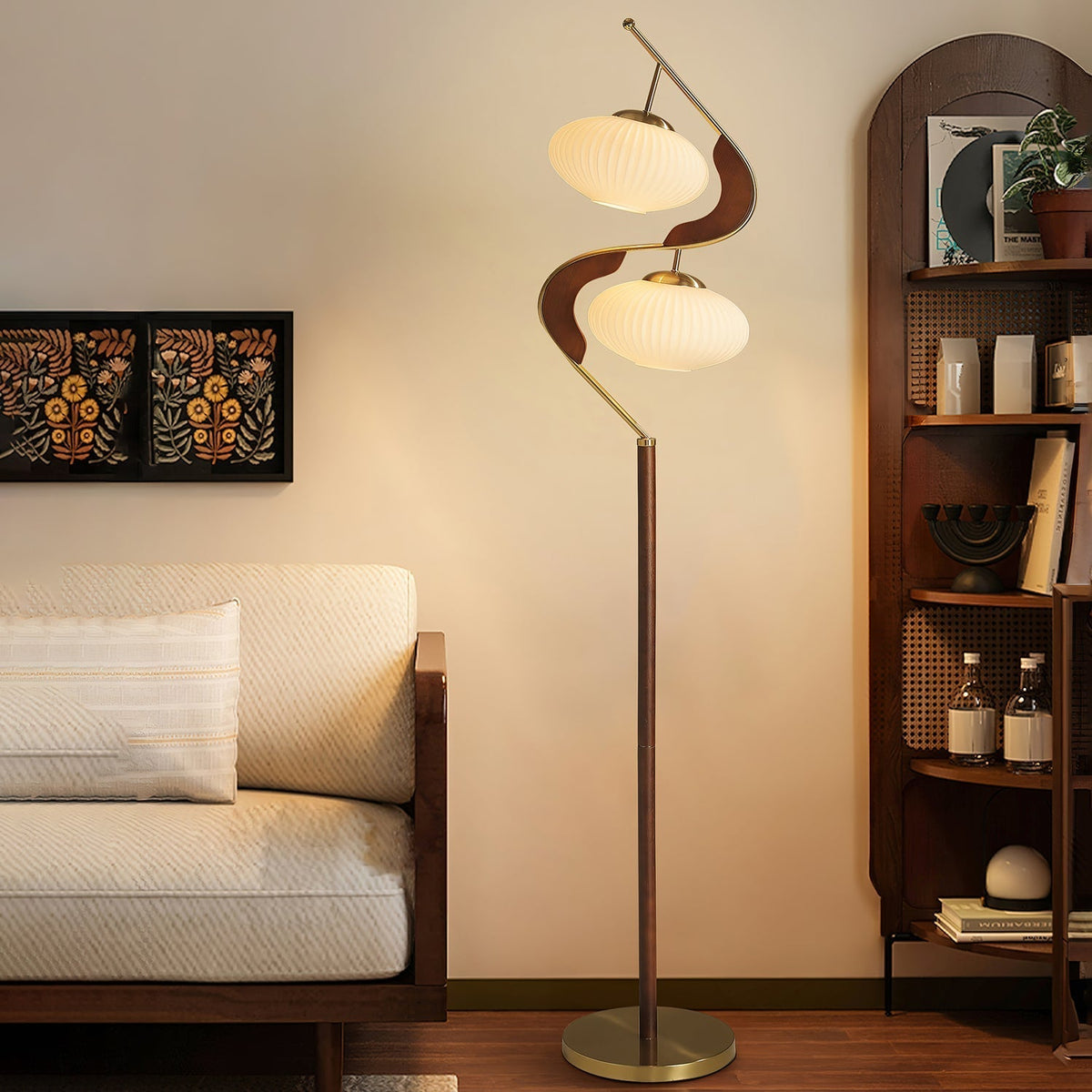 Miruaya moderne vloerlamp in walnootkleur en goud