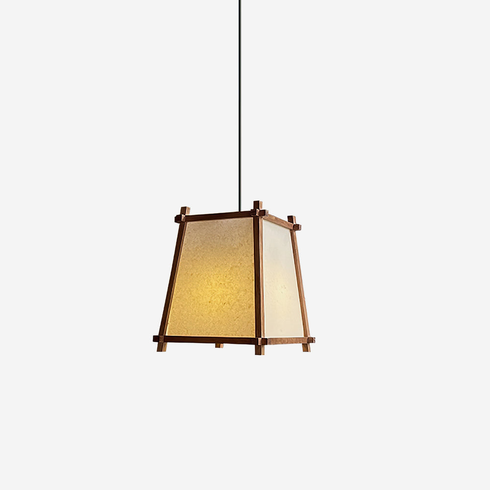 Ritta hanglamp met geometrisch houten frame en stoffen kap