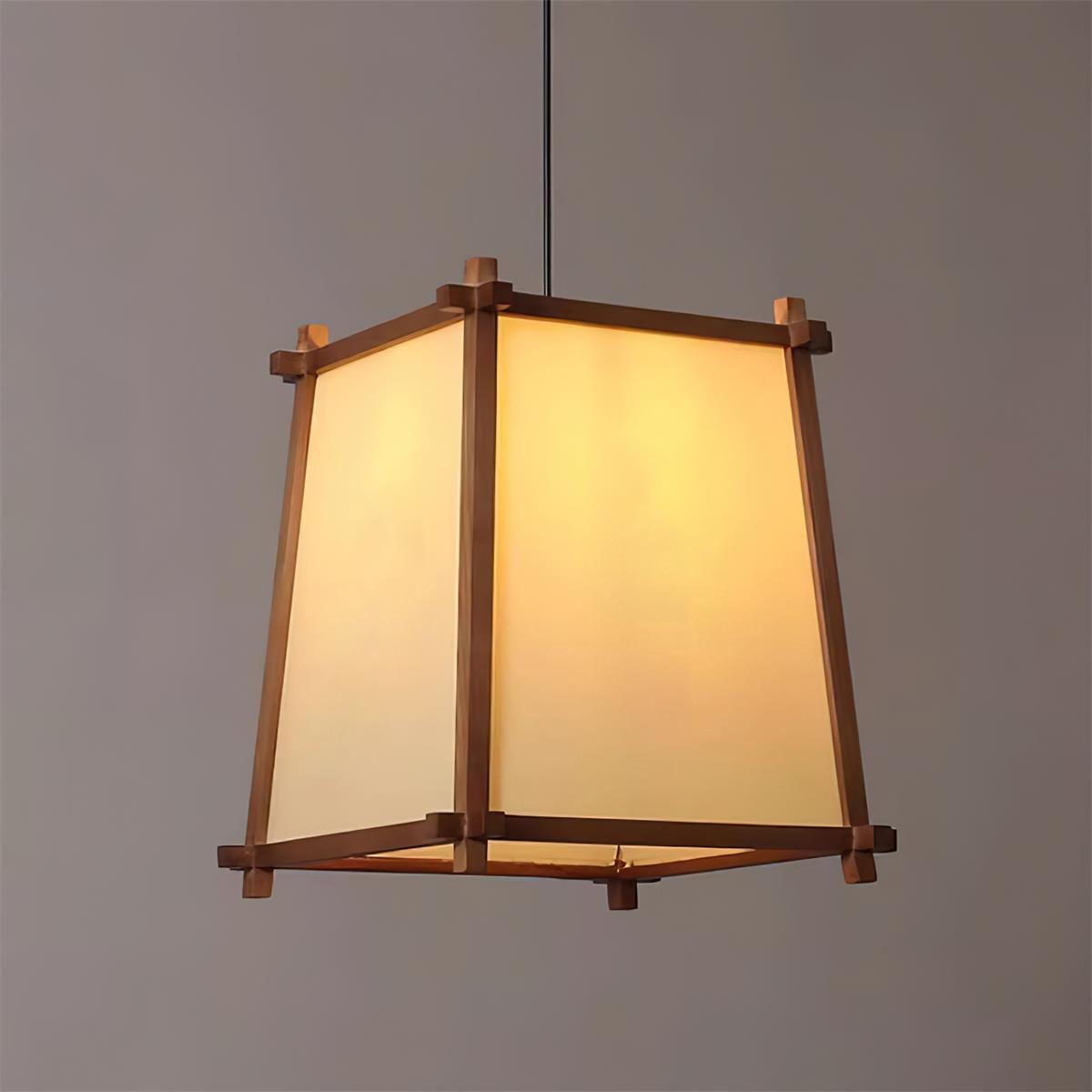 Ritta hanglamp met geometrisch houten frame en stoffen kap