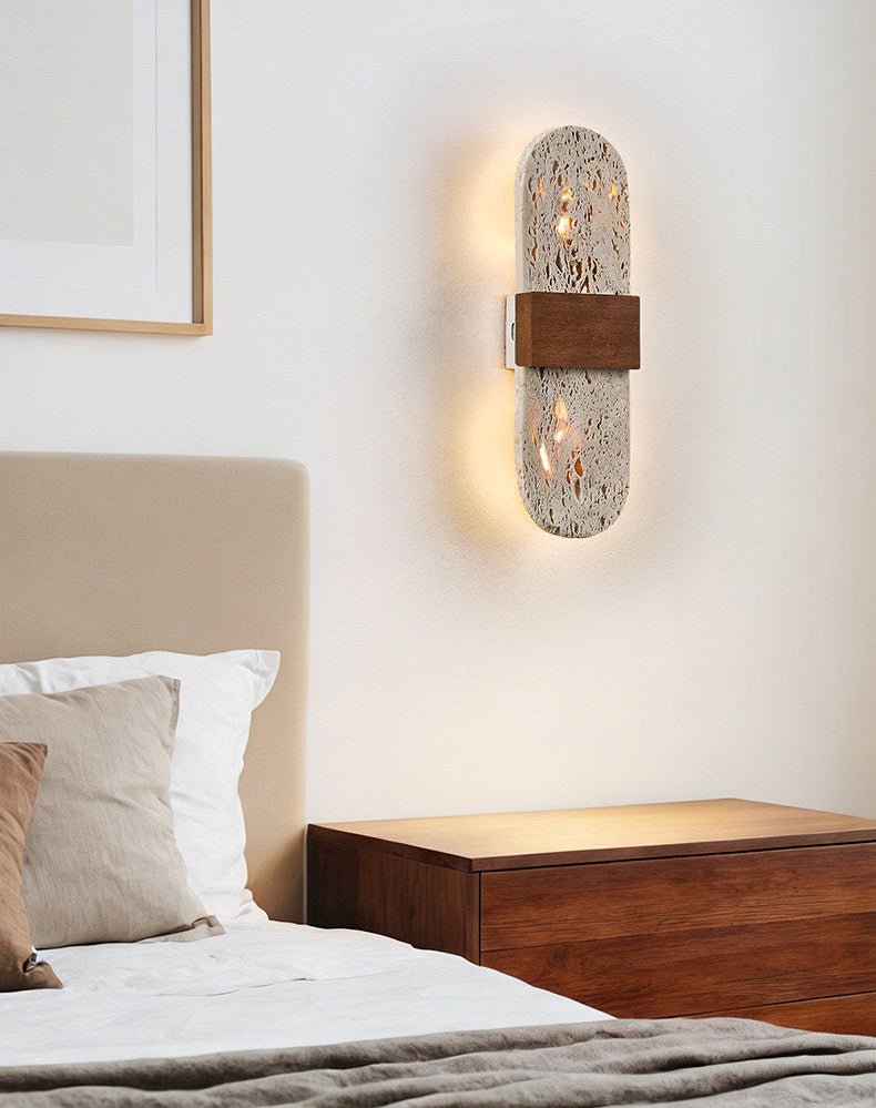 Seroelle wandlamp met geel travertin en walnoot