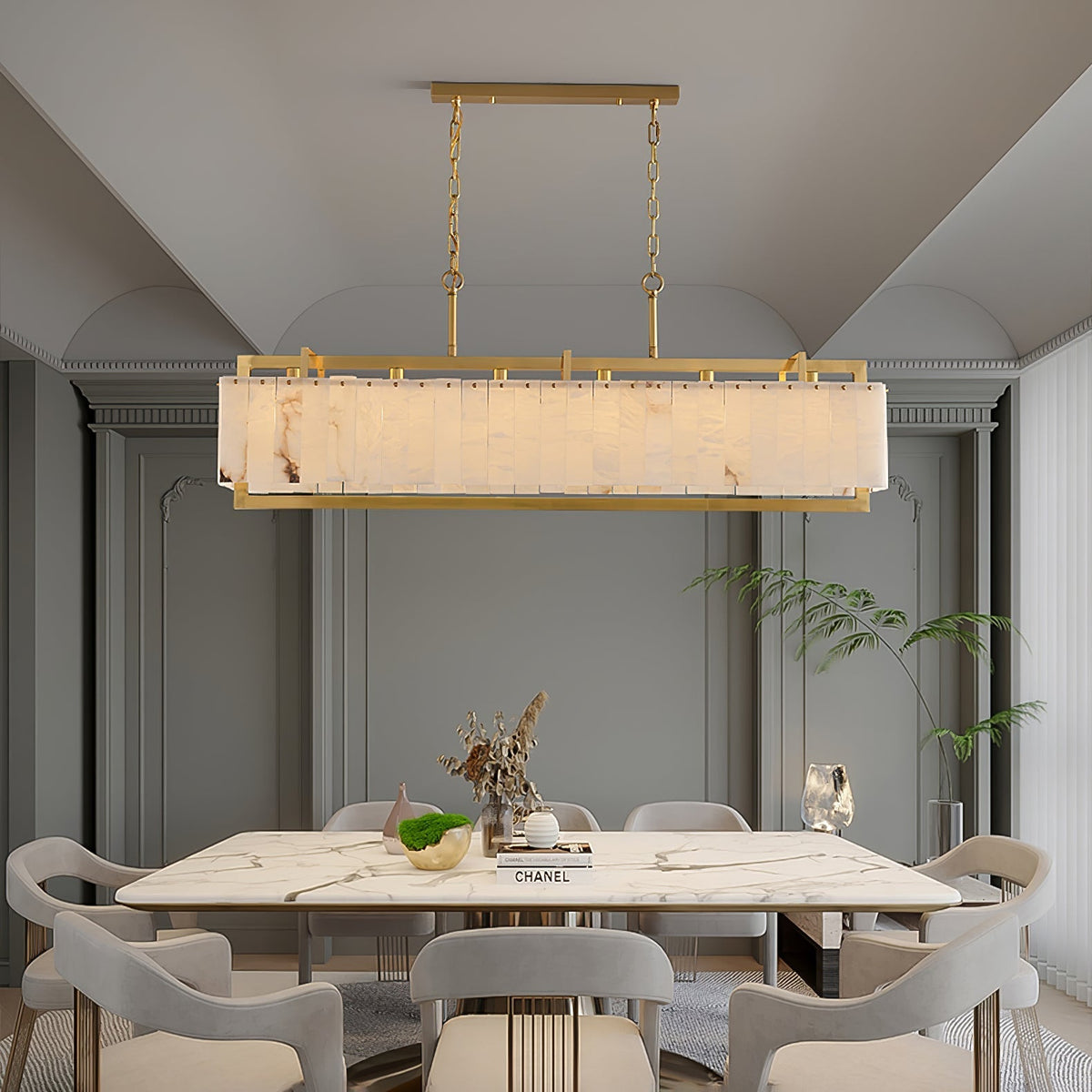 Nivivenne rechthoekige albasten hanglamp met goudkleurige metalen lijst