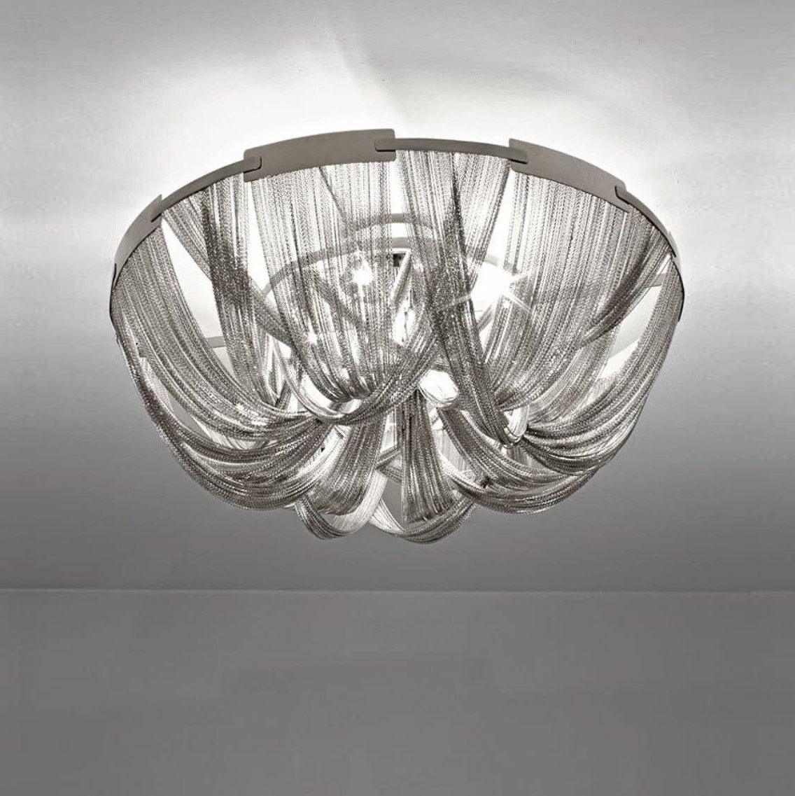 Talj plafondlamp met ketting van aluminium en tassel in nikkel