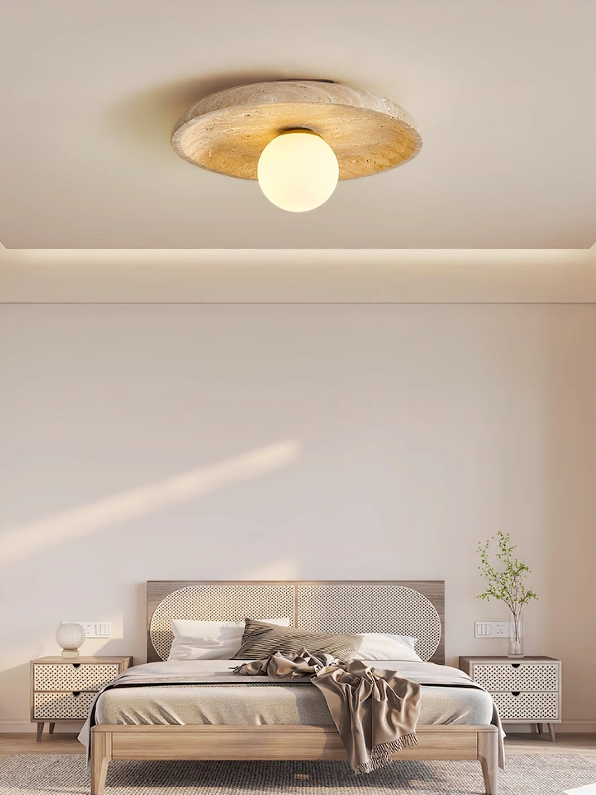 Tavik wandlamp met komvormig travertinframe