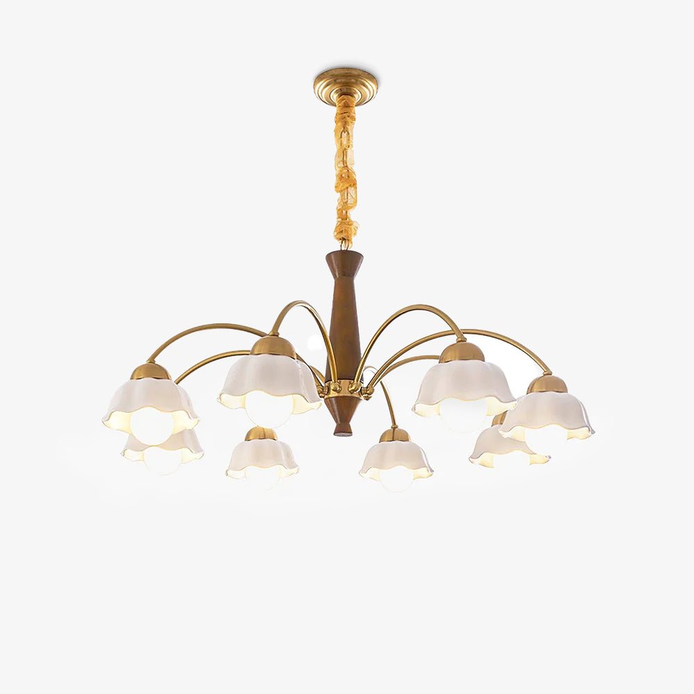Aldoraria Kroonluchter messing Walnoot Hout Opaline Keramiek
