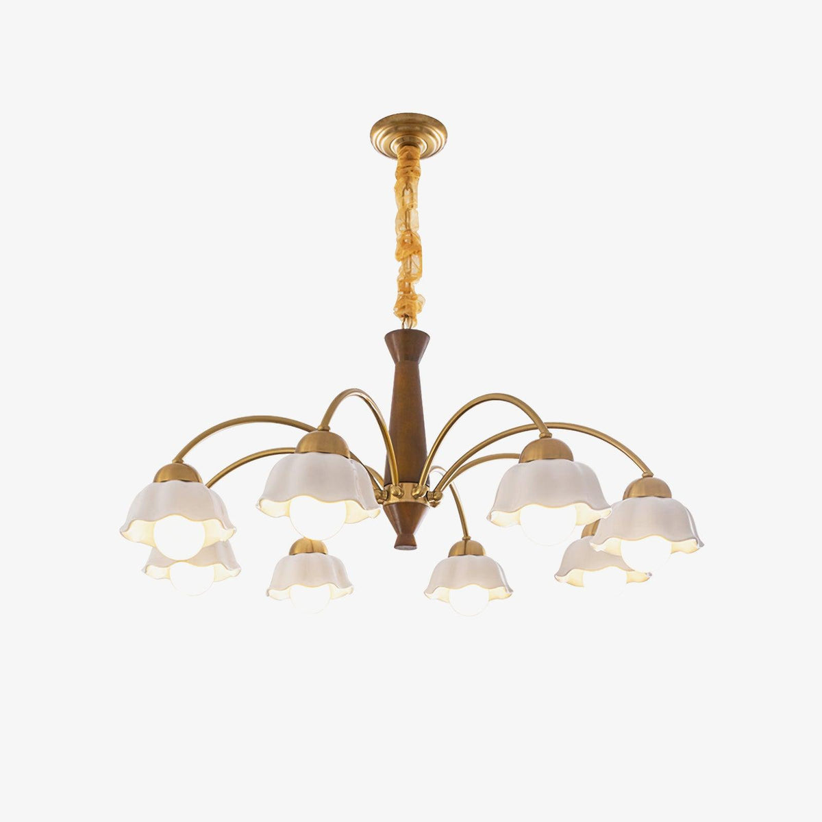 Aldoraria Kroonluchter messing Walnoot Hout Opaline Keramiek