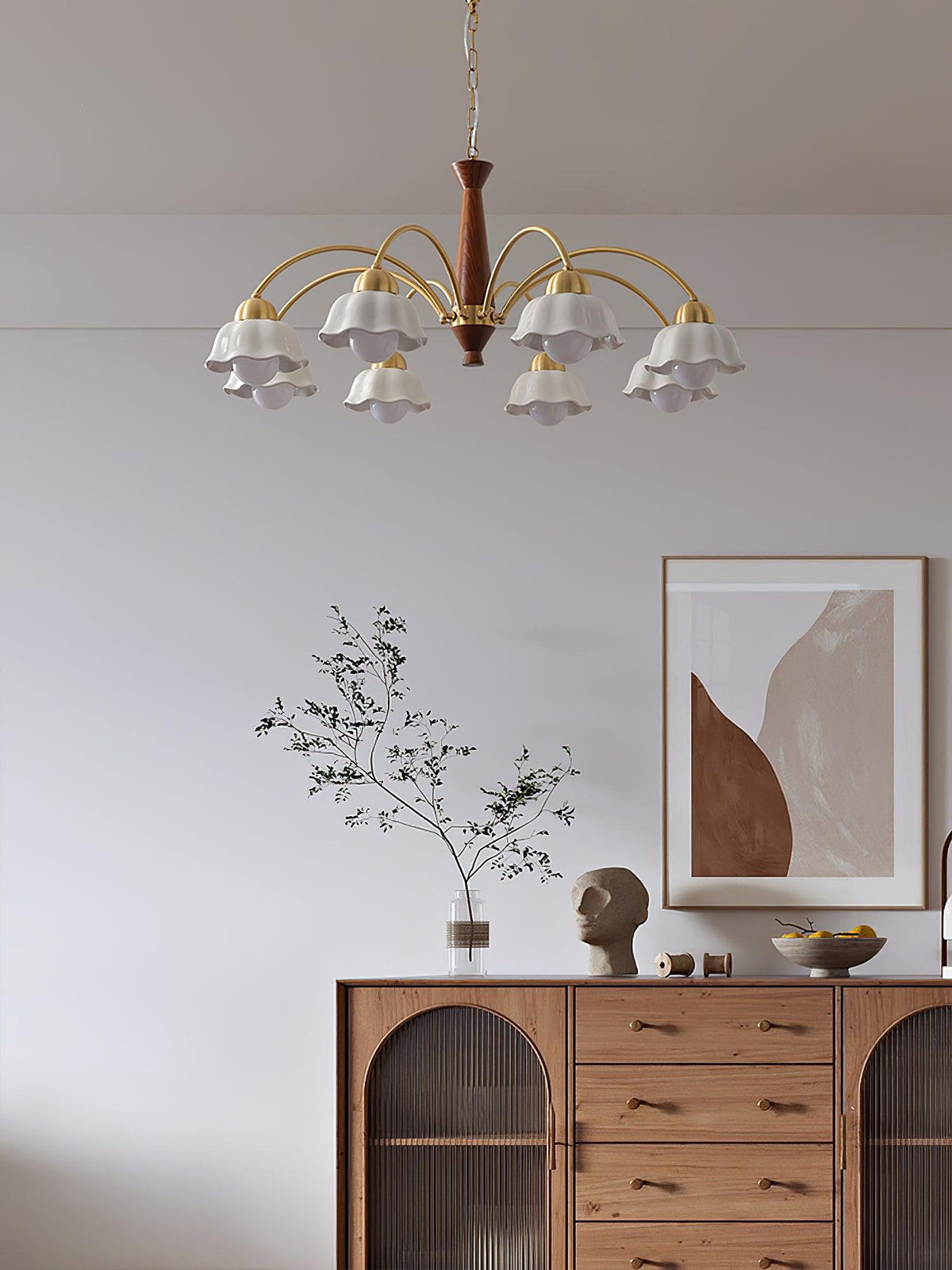 Aldoraria Kroonluchter messing Walnoot Hout Opaline Keramiek