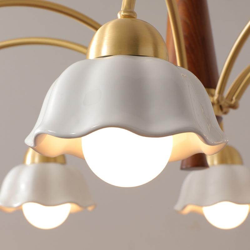 Aldoraria Kroonluchter messing Walnoot Hout Opaline Keramiek