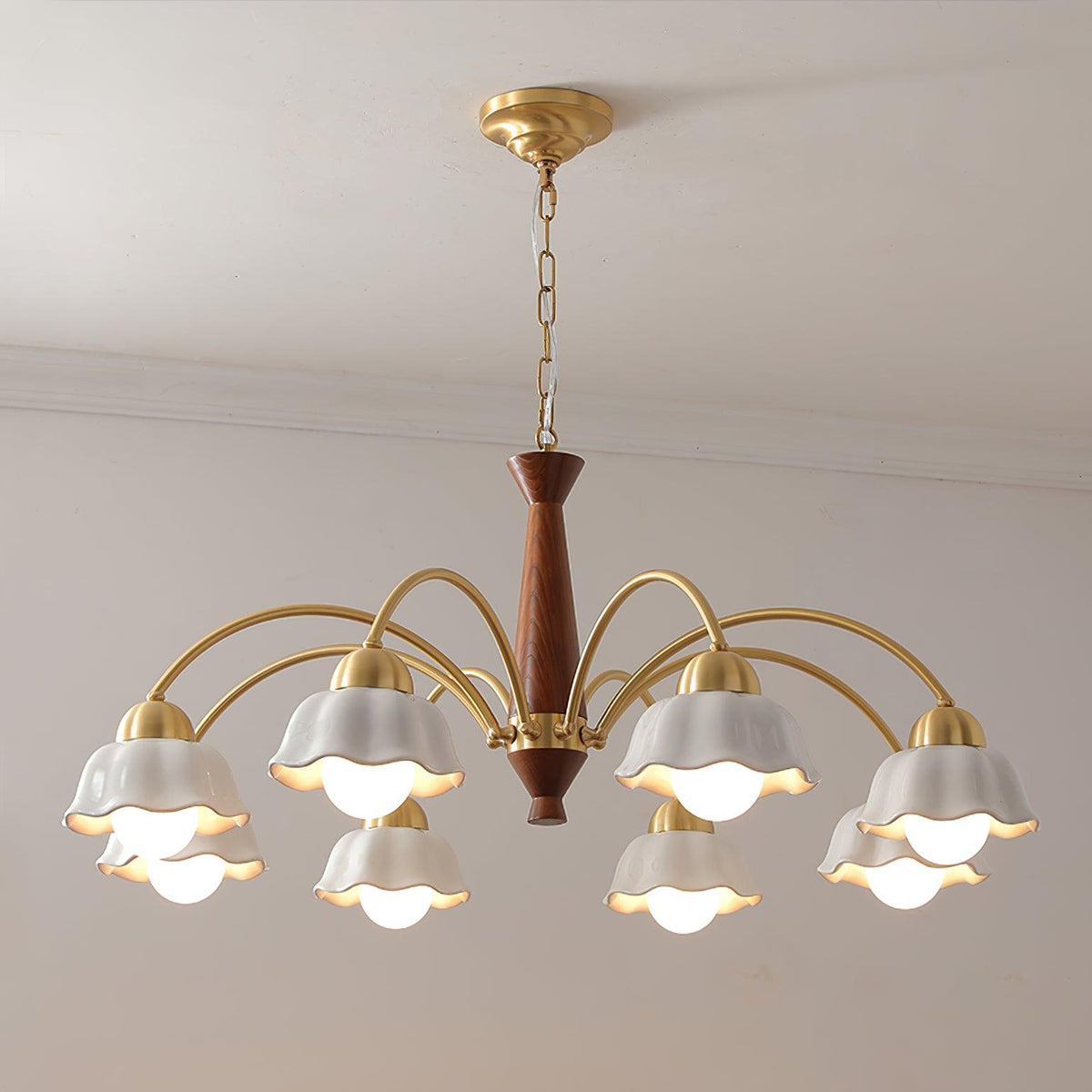Aldoraria Kroonluchter messing Walnoot Hout Opaline Keramiek