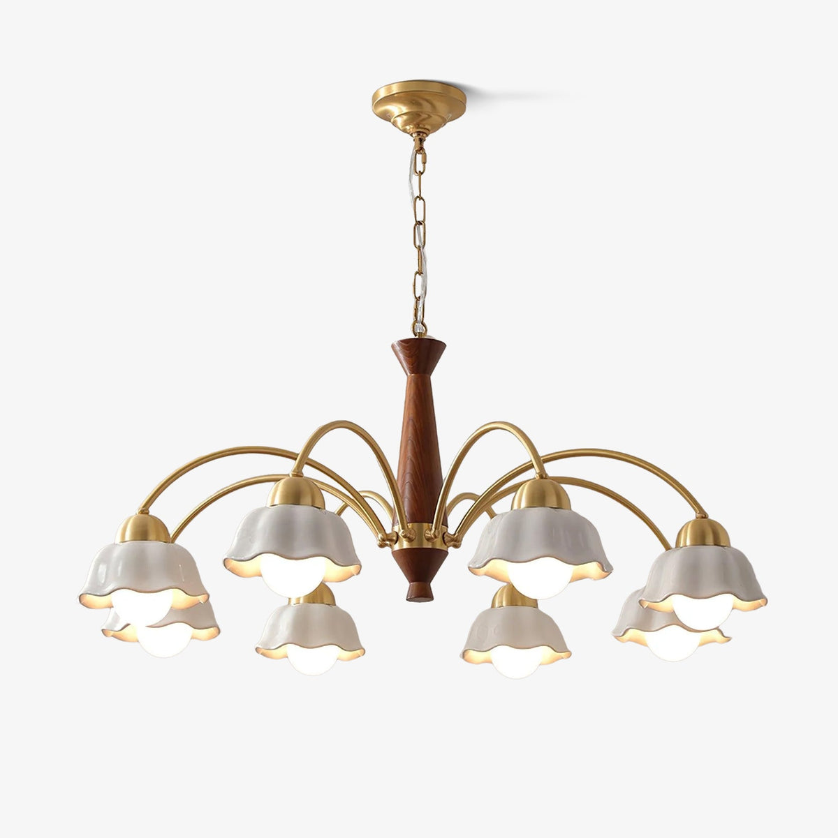Aldoraria Kroonluchter messing Walnoot Hout Opaline Keramiek