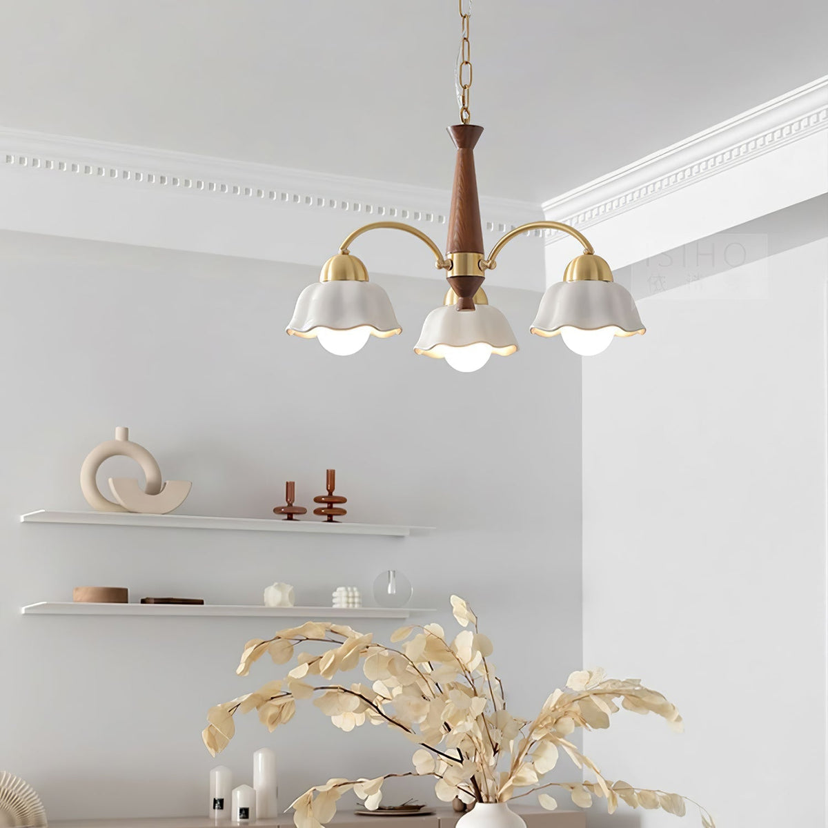 Aldoraria Kroonluchter messing Walnoot Hout Opaline Keramiek