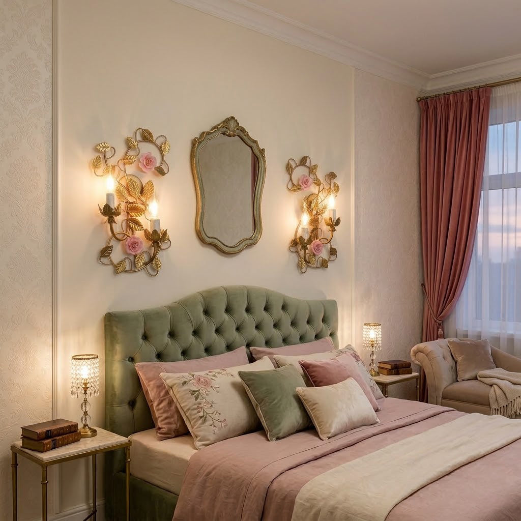 Blossom wandlamp met Vintage en Roze Ceramische Bloemen