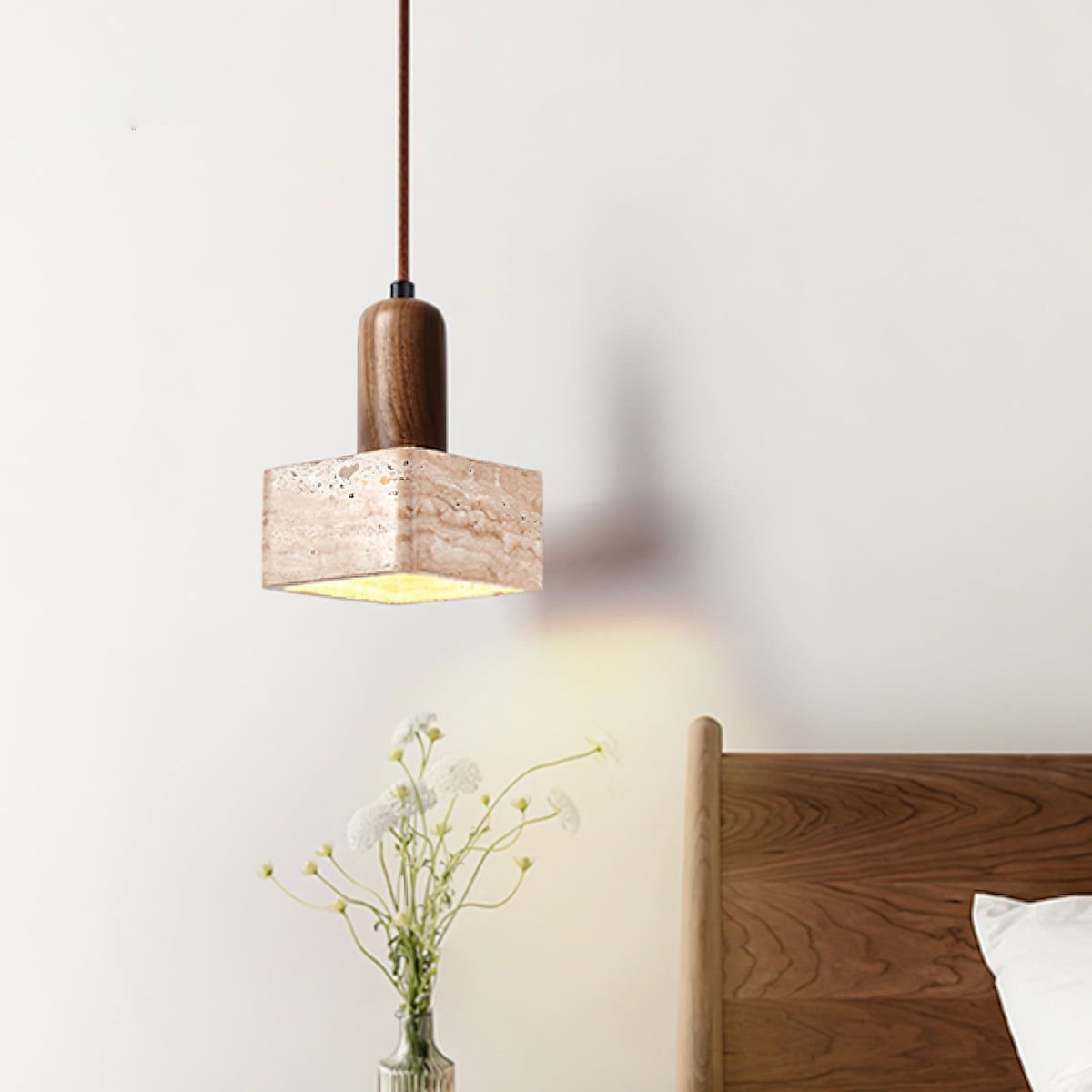 Lava vierkante hanglamp met travertin in walnootkleur